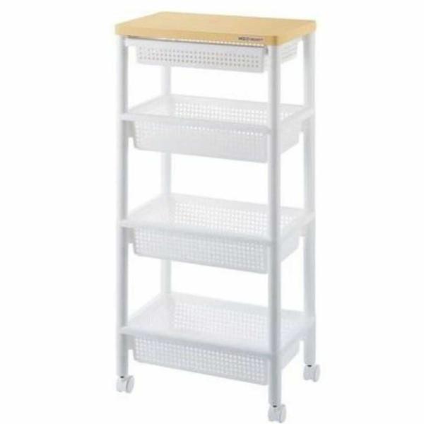 木目調の天板を使用しています。丈夫で温かみのある引き出し付きワゴンです。フラットな天板なので、ちょっとしたテーブル代わりにも使用できます。リビング、キッチン、デスク周りなど様々なシーンに馴染みます。バスケット棚にはA4サイズが収納可能です。...