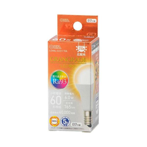 ●彩りあざやかRa93「GRANGRADE」LED電球●自然光に近いあざやかさ●小形電球60形相当の明るさ●光の広がり約210°の広配光タイプ●密閉器具対応●断熱材施工器具対応●電球色●口金E17●LED5年保証対象商品