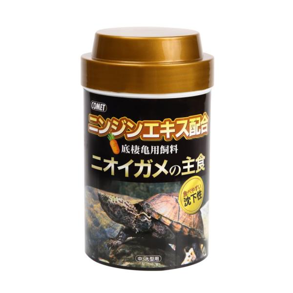 ニンジンエキス配合ですので、カメにとって大切なビタミンAを適度に摂取出来ます。ニオイガメは水底で歩くようにエサを探す習性がある為、食べやすい沈下性、高たんぱくのフードに仕上げています。
