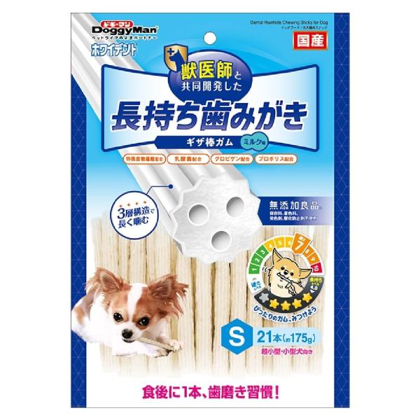 獣医師と共同開発したオリジナル3層構造の長持ち歯みがきガム。ミルクの香りと味が食欲をそそる。