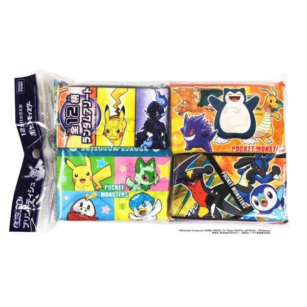 「ポケモン」のキャラクタープリントが入った水に流せるポケットティシュ個包装名前欄付き12個入り