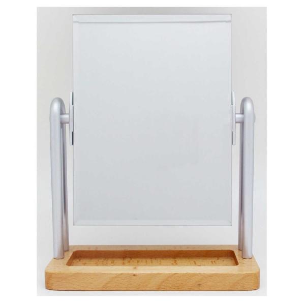 台座に天然木を使用し、ナチュラル感を醸し出します。台座の窪みに小物アイテムが収納できます。鏡,ミラー,卓上鏡,スタンドミラー,化粧鏡,メイク,角度調整自在,天然木,トレイ付,シルバー