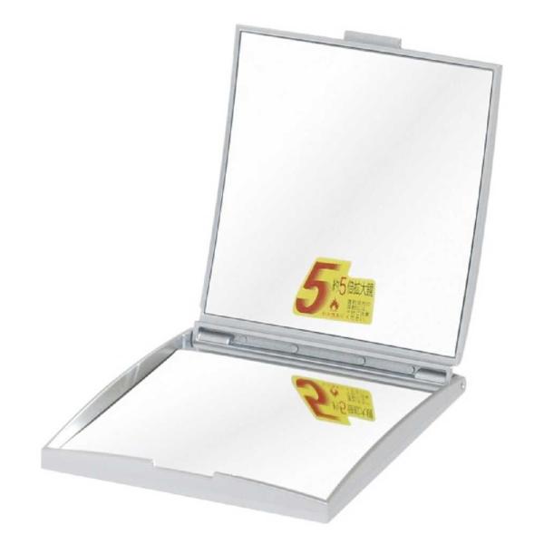 ５倍拡大鏡と等倍（平面）鏡の２枚鏡付。持ち運びに便利なコンパクトミラー。鏡,ミラー,コンパクトミラー,携帯ミラー,両面鏡,化粧鏡,メイク, ５倍,拡大鏡,シルバー,日本製