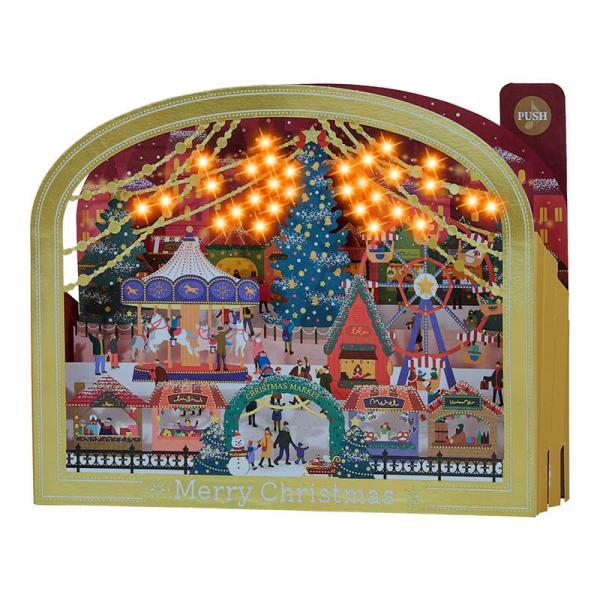 クリスマスカード ライト＆メロディー 金の枠にクリスマスマーケット