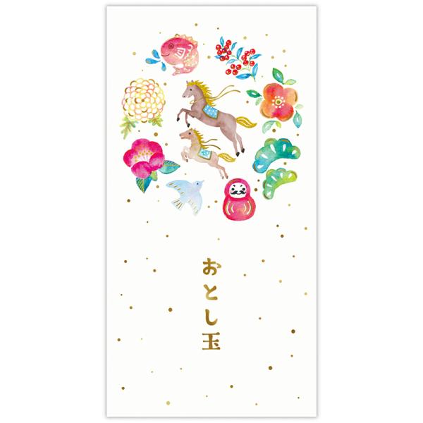 慶事のモチーフ・親子うまお札を折らずに入れられるお年玉袋です。金箔加工により新年の明るくおめでたい雰囲気を演出しました。封をするときに役立つ金封シール付き！ 水彩作家・なかにしいずみによる繊細な水彩画が見どころです。●180×92mm 1柄...