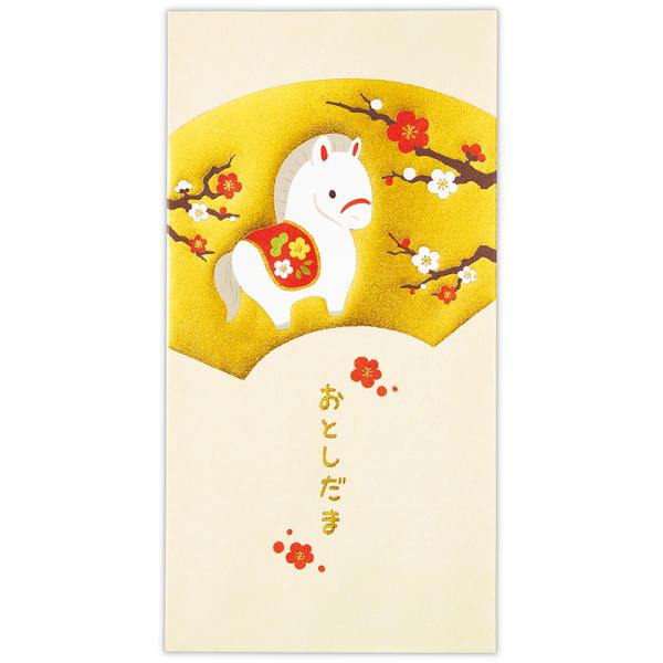 金の扇の中にうまと紅白梅をデザインお札を折らずに入れられるお年玉袋です。金箔加工により新年の明るくおめでたい雰囲気を演出しました。封をするときに役立つ金封シール付き！●180×92mm 1柄2枚●箔加工●金封シール付き●お札が折らずに入れられます