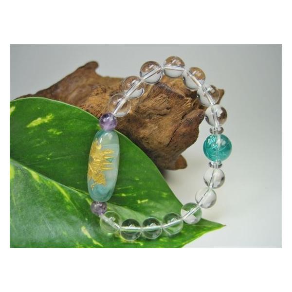 ブレスレット 手彫り龍神天珠＋スーパーセブン+水晶 緑縞メノウ