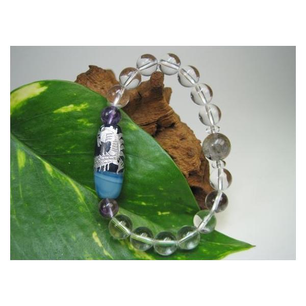 ブレスレット 手彫り龍神天珠 水晶 青縞メノウ シルバー : 天然石のお