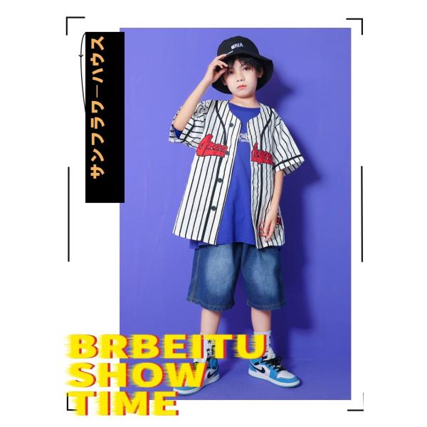 ベースボールシャツ キッズ ダンス衣装 男の子 女の子 セットアップ 半袖 ストライプ Tシャツ ショートパンツ レッド ブルー 柄シャツ