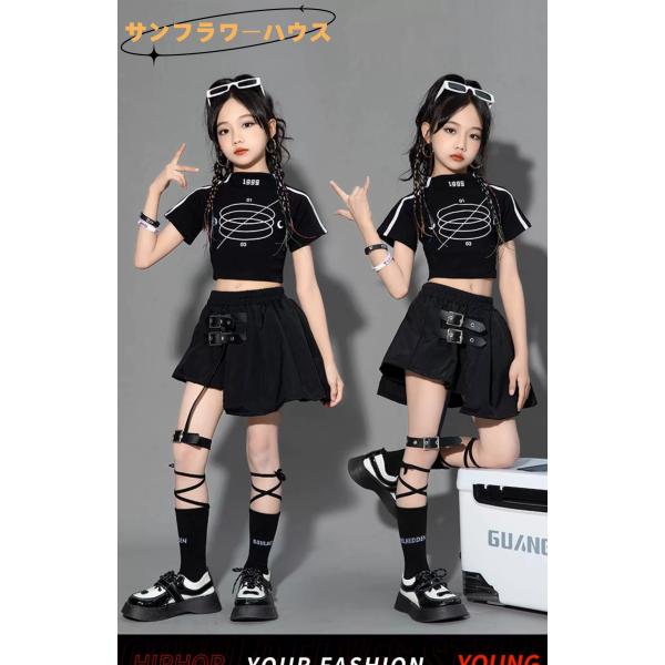 ダンス衣装 女の子 hiphop K-pop 演出服 舞台 団体服 スウェット へそ出し トップス キッズ ステージ衣装 jazz 文化祭 学園祭 HIPHOP Tシャツ ブラック