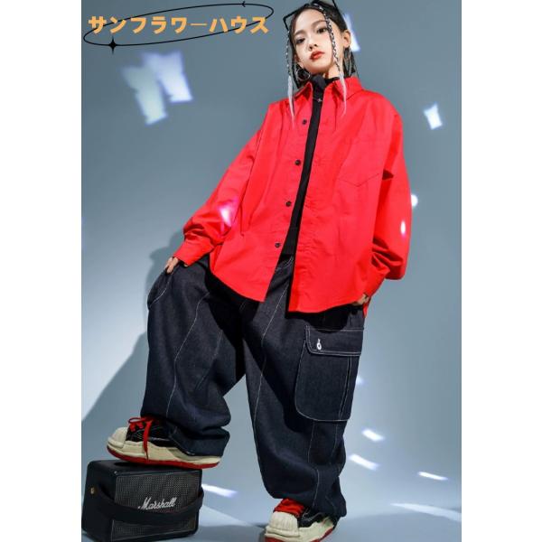 キッズ ダンス衣装 トップス 長袖 シャツレッド 赤 ボタン おしゃれ ヒップホップ hiphop kpop 韓国 ストリート 子供 女の子 男の子 キッズ ダンス 衣装