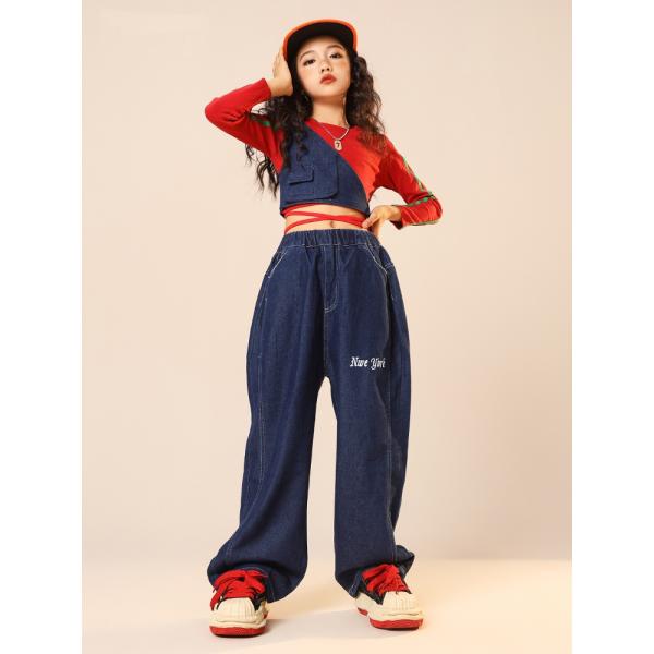 キッズダンス衣装 ヒップホップ ストリート 女の子 キッズ ダンス セットアップ 赤 デニムパンツ 動きやすい ゆったり キュート hiphop 女の子 チーム