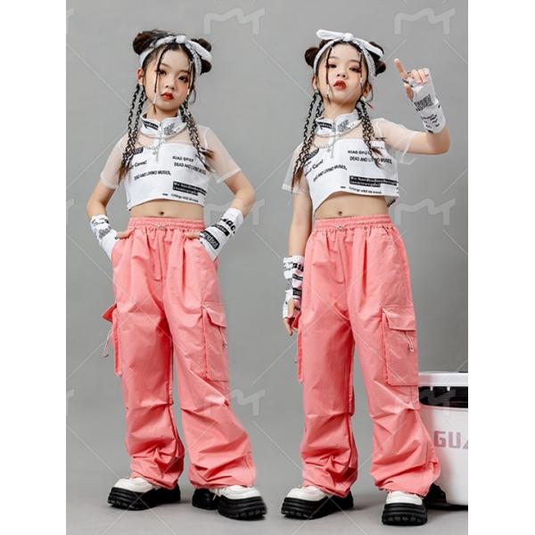 キッズダンス衣装 ヒップホップ ガールズ衣装 ストリート服 女の子 ヘソ出し パステルカラー 可愛い 明るい ピンク ホワイト kpop 可愛い 単品 セット