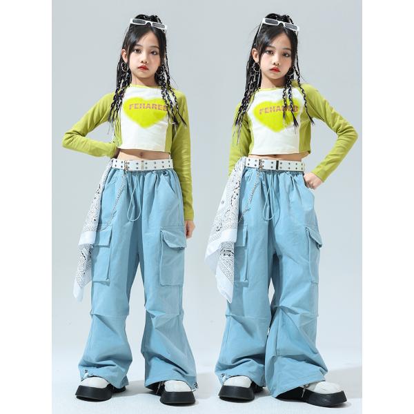 ガールズ ネオンカラー キッズ ダンス衣装 女の子 セットアップ パンツタイプ 黄緑 ブルー ストリート ジャズ ダンスウェア 団体 ヒップホップ