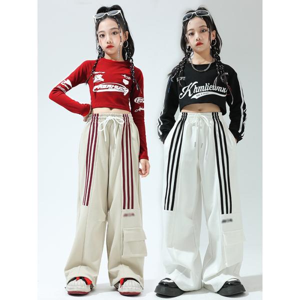ダンス 衣装 女の子 セットアップ 赤 黒 白系パンツ ストリート かっこいい ジャズ ダンスウェア 団体 ヒップホップ ガールズ チーム へそ出し