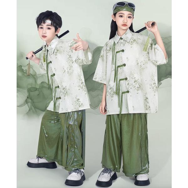 ダンス衣装 セットアップ 上下セット チャイナ風 中華 古典 グリーン パンツ キッズ  おしゃれ 女の子 男の子 子供 半袖 トップス  ダンスウエア ジャズダンス　