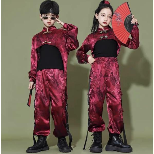 キッズダンス衣装 中華 トップス パンツ 長ズボン シャツ パープル 長袖 キッズ ジャズダンス 子供服 HIPHOP 男の子 女の子 発表会 派手 単品 セットアップ