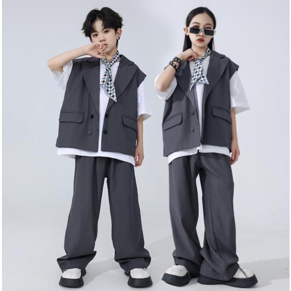 商品内容：ベスト+パンツ、白シャツカラー：グレー　ホワイト素材：ポリエステル、その他サイズ：110/120/130/140/150/160/170/180キーワード：キッズ ダンス 衣装 セットアップ パンツ ベスト シャツ 女の子 男の子...