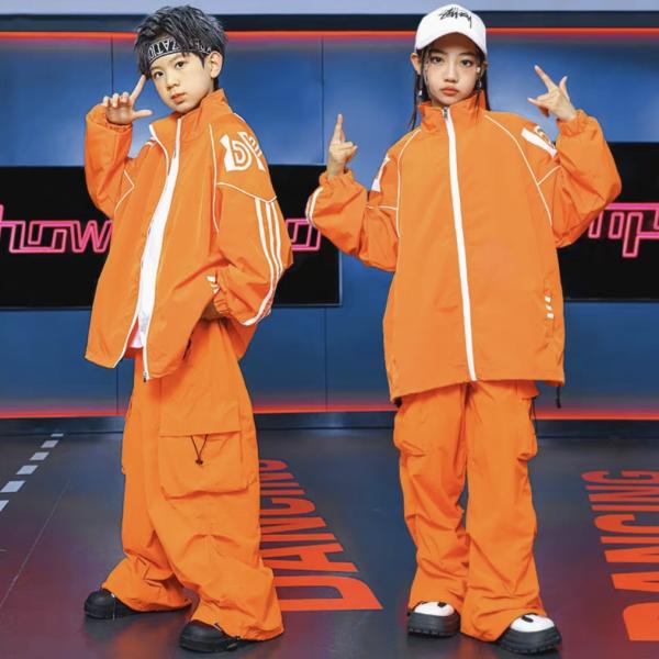 キッズ ダンス衣装 オレンジ シャツ パンツ 長袖 ヒップホップ 韓国 女の子 男の子 ストリートダンス 子供 団体服 発表会 演出 110-180cm