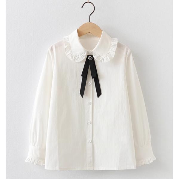 入学式 結婚式 卒業式 ブラウス シャツ きれいめ 女の子  フォーマル  かわいい リボンシャツ リボンブラウス リボン  ホワイト 素材：綿他商品内容：ブラウス＋リボンブローチ120サイズ：おすすめ身長110-120cm130サイズ：お...