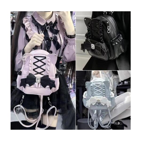 バッグ かわいい おしゃれ リボン ロリータ 姫系 地雷系 ピンク ブルー ブラック リュック 春夏 デート 推し 推し活 オタ活 ジャニオタ KPOP ホスト ネコみみ