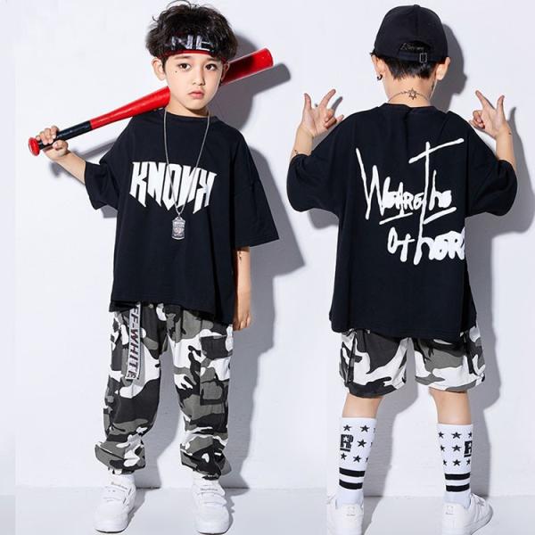 キッズ ダンス衣装 ヒップホップ 子供  HIPHOP  男の子 女の子 迷彩柄 Ｔシャツ 迷彩パンツ ダンストップス ジャズダンス 体操服 ステージ衣装 練習着