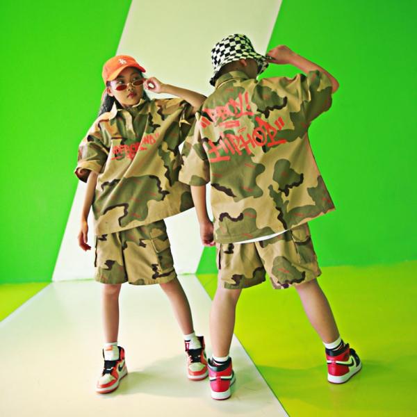 キッズダンス衣装 ヒップホップ 子供  HIPHOP セットアップ 男の子 女の子 迷彩柄 迷彩Ｔシャツ  迷彩パンツ ジャズダンス衣装 体操服 ステージ衣装 練習着