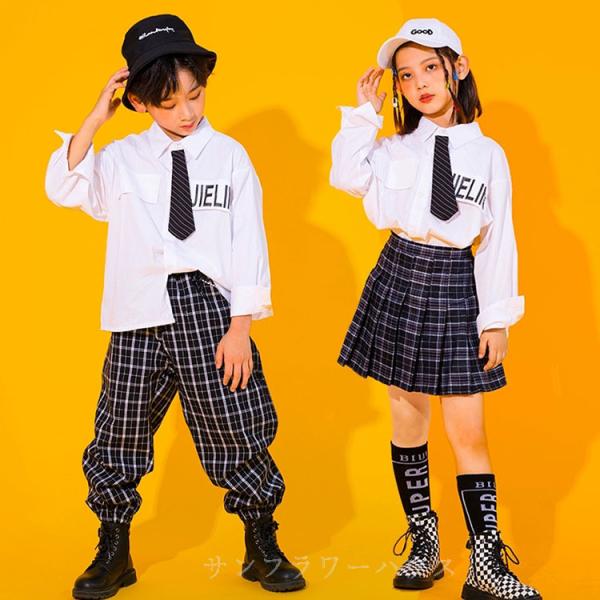 キッズ ダンス衣装 セットアップ HIPHOP ヒップホップ シャツ トップス 長袖 チェック柄 パンツ スカート 長ズボン ジャズダンス 男女 発表会 練習着 激安