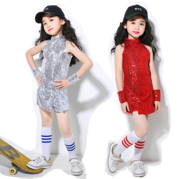 女の子 ダンス KPOP きらきら 赤 シルバー スパンコール キッズダンス衣装 キッズ 派手 ダンス衣装  ワンピース 子供 女の子 ダンス衣装 チアガール チア 練習着