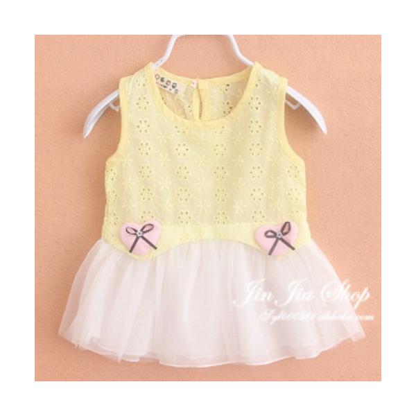 女の子のハート付メッシュとチュールのワンピース