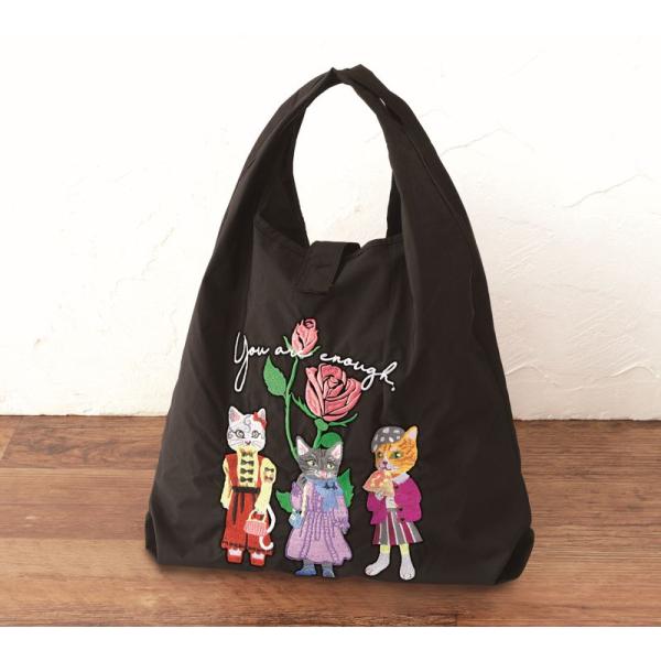 仲良し猫ちゃん刺繍バッグ ブラック　トートバッグ 手提げ 肩掛け バッグ エコバッグ レディース 刺しゅう ネコ ねこ 華やか コンパクト 撥水加工 大容量 10L