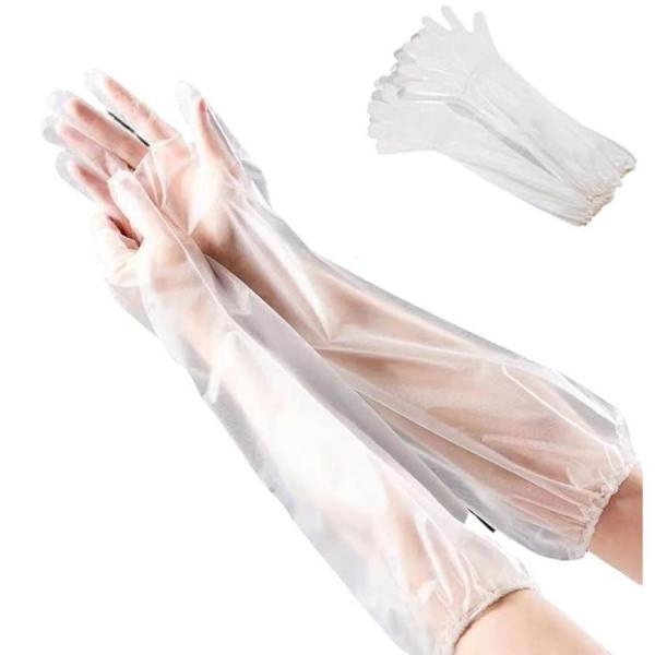 【商品仕様】素材：PE、長さ：60cm、セット内容：100枚。長いから、腕も保護できます。【優れた素材】食品級の材料を使って、防水性と耐久性があり、耐油性に優れて、安全と健康を確保します。靭性がよく、破裂と水漏れがしにくく、長時間の作業に適...