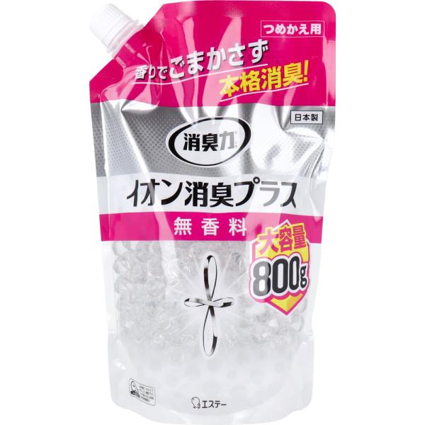 消臭剤 最強 トイレ用 置き型 詰め替え 芳香剤 消臭力 クリアビーズ イオン消臭プラス 無香料 詰替用 800g (K)