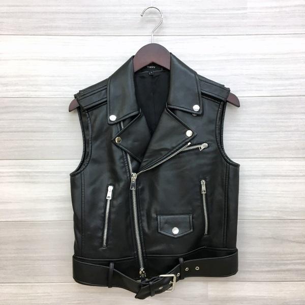 セオリー フェイクレザー ベスト MOTO VEST ライダース エコレザー 羽織 レディース Sサイズ ブラック 秋 theory アウター  DL8371■