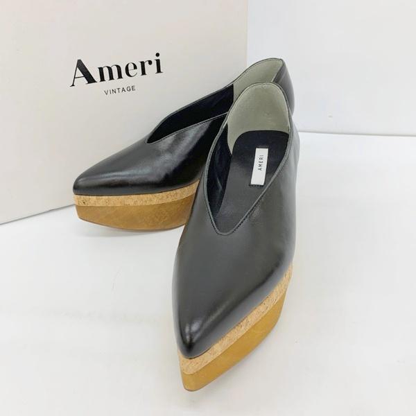 AMERI アメリ ウッドプラットフォーム パンプス シューズ WOOD PLATFORM PUMPS レディース Sサイズ ブラック 靴 DF20167■