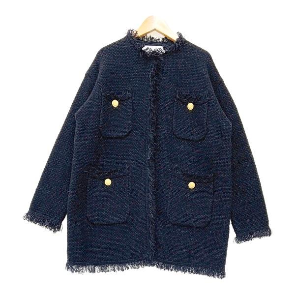 ADAWAS アダワス ニットツイードジャケット ADWS-201-09 コート 羽織り ノーカラー レディース フリーサイズ ブラック アウター DL16892■