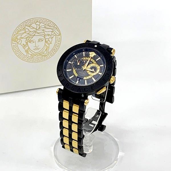 VERSACE ヴェルサーチェ V-レースデュアルタイム 腕時計 クォーツ ブラック文字盤 アナログ メンズ ブラック ゴールド 服飾小物 DF19158■