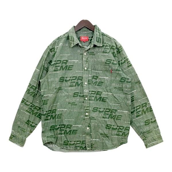 Supreme シュプリーム デニム地 シャツ ロゴ総柄 長袖 Dimensions Logo Denim Shirt メンズ Lサイズ グリーン トップス DM20345■