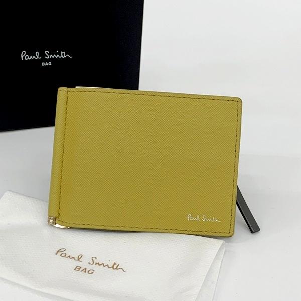 Paul Smith ポール・スミス ブライトストライププラー マネークリップ サフィアーノ型押し 二つ折り財布 メンズ イエロー 服飾小物 DF19902■
