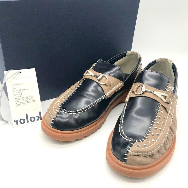 kolor 21SCM-A01501 21ss NAVY BEIG ローファー シューズ スリッポン モカシン イラスト 箱付き 美品 メンズ  27.5cm ブラウン カラー 靴 B9820◆