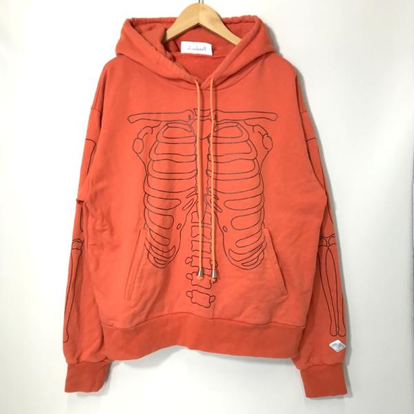 el conductorH BONES HOODIE スカル パーカー ボーン プリント プルオーバー フーディー カジュアル メンズ Mサイズ オレンジ コンダクター トップス A10006◆