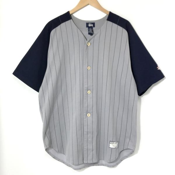 STUSSY ステューシー ベースボールシャツ 半袖 ゲームシャツ メンズ Lサイズ グレー ネイビー トップス A14476◆