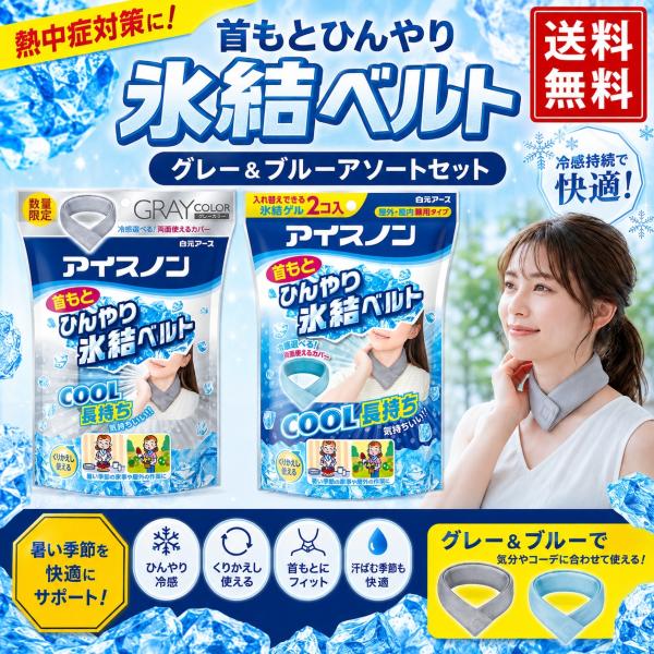アイスノン 首もとひんやり 氷結ベルト ブルー＆グレー アソート2個セット 保冷剤 ネッククーラー 暑さ対策 ※ネコポス発送 日時指定不可
