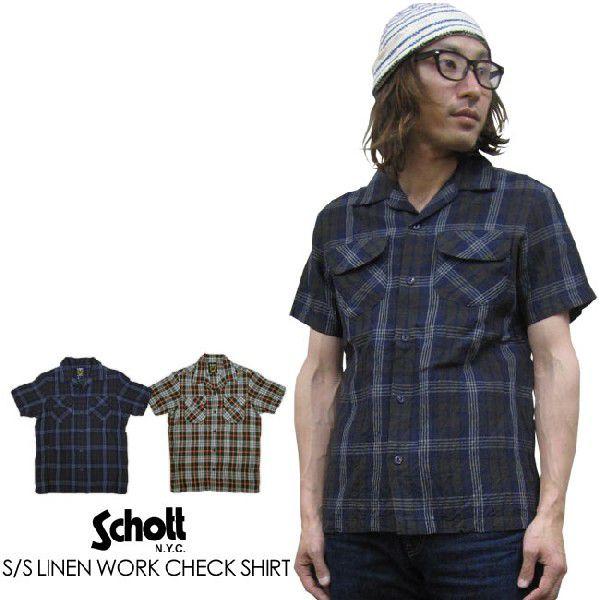 Schott 半袖チェックシャツ Schott N.Y.C（ショット） シャツ メンズ /SCHOTT 麻 チェック 半袖