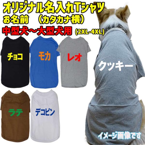犬の服 愛犬の名入れが出来る カタカナ横書き 犬用Tシャツ 犬服 中型犬〜大型犬 2XL〜4XL 6色展開 プリントカラーは10色  【返品交換不可】