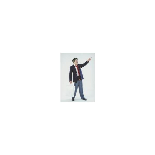 中古生写真(男性) 中野マサアキ(落合実)/全身・衣装黒・白・ネクタイ赤・制服・バンダナ緑・右向き・右手紙袋・左手指差し・背景白/舞台「70億