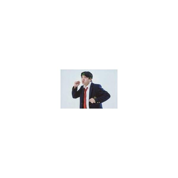 中古生写真(男性) 中野マサアキ(落合実)/横型・上半身・衣装黒・白・ネクタイ赤・緑・両手グー・左向き・口すぼめ・キャラクターショット/舞台