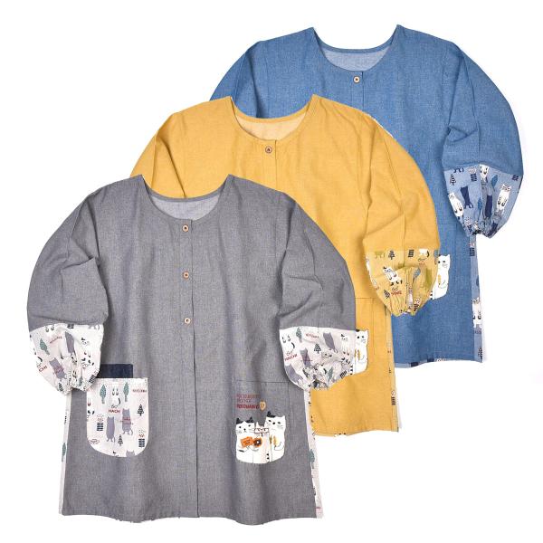 [Release date: July 14, 2023]ブランド：クスグルジャパン Kusuguru Japan品　番　：23-6507品　名　：ネコまるけ   前比翼釦あきカッポウカラー　：#1/GY グレー、#2/YE イエロー、#3...