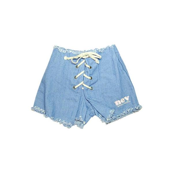 スカートみたいにも見えますがショートパンツです★レースアップになっているのがかわいいですね☆ウエストは総ゴムです。素材：COTTON 100％サイズ(総丈/ウエスト),90(21/18),100(21.5/18.5),110(22/19)