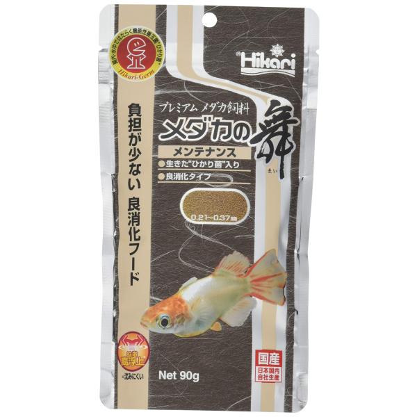 メダカの舞 メンテナンス 90g ・低水温や高水温の消化吸収をサポート商品紹介ひかり菌配合メダカ専用良消化フード(高浮上性顆粒)　水温が低い時期や病後などメダカの体調がすぐれないときにも安心の良消化フード。消化に優れた植物性蛋白質である小麦...